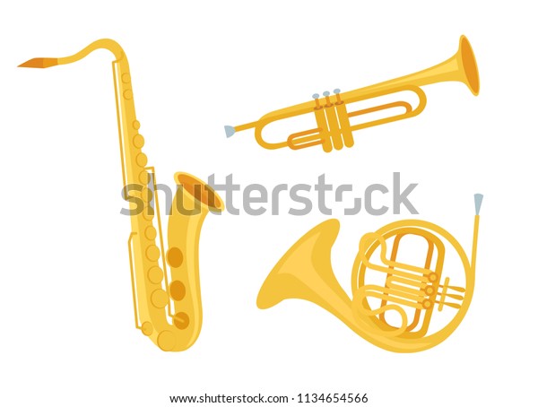 風の金色の楽器のベクター画像セット 白い背景にサックス トランペット フレンチホーン かわいい平らな漫画 ベクターイラスト のベクター画像素材 ロイヤリティフリー 1134654566