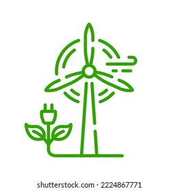 Wind Green Energy Line Icon. Ecology Renewable Power Generation Farm Linear Pictogram. Ecological Windmill Outline Icon. Eco Wind Turbine. Editable Stroke. Isolated Vector Illustration.