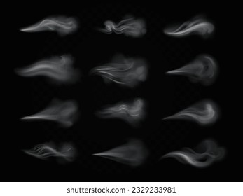 Wind gust. Realistic air winds blow, breeze current stream or white smoke puff curls windy effect, breath steam flow and perfume fragrance spray, isolated exact vector illustration