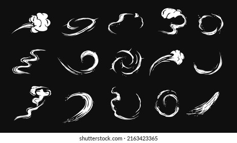 Wind gusts and dust whirlwinds. White spirals and whirlpools of weather flows curved ornament of wind swirls and vector bursts