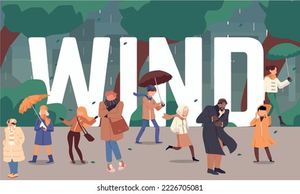 Wind header and cartoon people on autumn background, flat vector illustration.