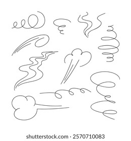 Wind, hurricane, element, tornado hand-drawn line, isolated on white, vector. Black and white graphic illustration of a gust of wind, air movement. Decorative element in the style of a comic book