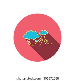 Wind icon. Cloud with storm sign. Strong wind or tempest symbol. Red flat circle button. Linear icon with shadow. Vector