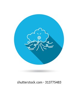 Wind icon. Cloud with storm sign. Strong wind or tempest symbol. Blue flat circle button with shadow. Vector