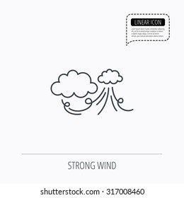 Wind icon. Cloud with storm sign. Strong wind or tempest symbol. Linear outline icon. Speech bubble of dotted line. Vector