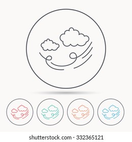 Wind icon. Cloud with storm sign. Strong wind or tempest symbol. Linear circle icons.