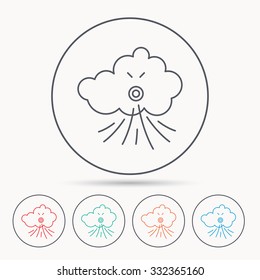 Wind icon. Cloud with storm sign. Strong wind or tempest symbol. Linear circle icons.
