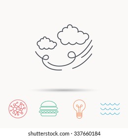 Wind icon. Cloud with storm sign. Strong wind or tempest symbol. Global connect network, ocean wave and burger icons. Lightbulb lamp symbol.