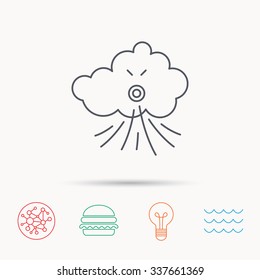 Wind icon. Cloud with storm sign. Strong wind or tempest symbol. Global connect network, ocean wave and burger icons. Lightbulb lamp symbol.