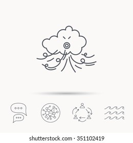 Wind icon. Cloud with storm sign. Strong wind or tempest symbol. Global connect network, ocean wave and chat dialog icons. Teamwork symbol.