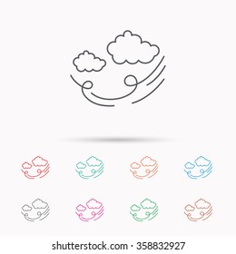 Wind icon. Cloud with storm sign. Strong wind or tempest symbol. Linear icons on white background.