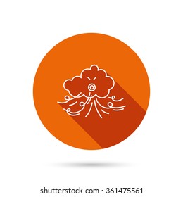 Wind icon. Cloud with storm sign. Strong wind or tempest symbol. Round orange web button with shadow.