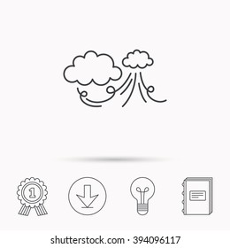 Wind icon. Cloud with storm sign. Strong wind or tempest symbol. Download arrow, lamp, learn book and award medal icons.