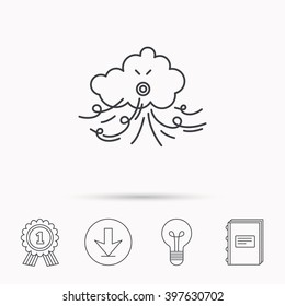 Wind icon. Cloud with storm sign. Strong wind or tempest symbol. Download arrow, lamp, learn book and award medal icons.