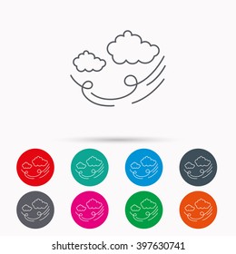 Wind icon. Cloud with storm sign. Strong wind or tempest symbol. Linear icons in circles on white background.