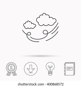 Wind icon. Cloud with storm sign. Strong wind or tempest symbol. Download arrow, lamp, learn book and award medal icons.