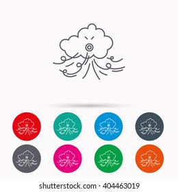 Wind icon. Cloud with storm sign. Strong wind or tempest symbol. Linear icons in circles on white background.