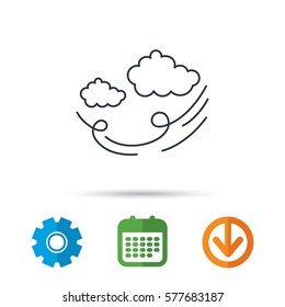 Wind icon. Cloud with storm sign. Strong wind or tempest symbol. Calendar, cogwheel and download arrow signs. Colored flat web icons. Vector