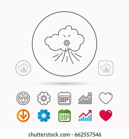 Wind icon. Cloud with storm sign. Strong wind or tempest symbol. Calendar, Graph chart and Cogwheel signs. Download and Heart love linear web icons. Vector