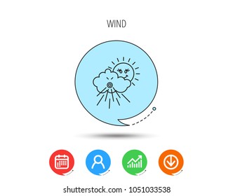 Wind icon. Cloud with sun and storm sign. Strong wind or tempest symbol. Calendar, User and Business Chart, Download arrow icons. Speech bubbles with flat signs. Vector