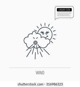 Wind icon. Cloud with sun and storm sign. Strong wind or tempest symbol. Linear outline icon. Speech bubble of dotted line. Vector