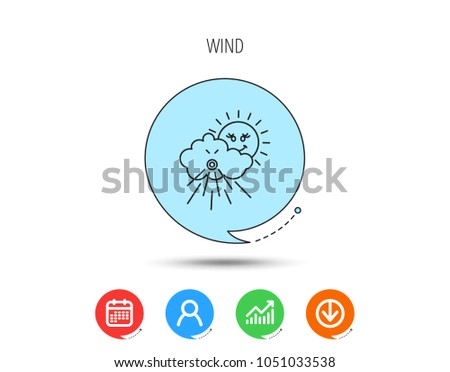 Wind icon. Cloud with sun and storm sign. Strong wind or tempest symbol. Calendar, User and Business Chart, Download arrow icons. Speech bubbles with flat signs. Vector