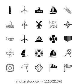 Wind icon. collection of 25 wind filled and outline icons such as mill, cloth pin, fan, open air, boat, sailboat, dandelion, compass. editable wind icons for web and mobile.