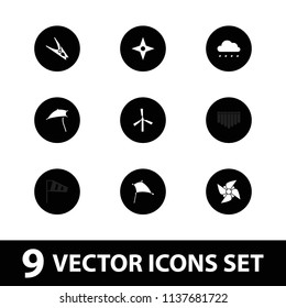 Wind icon. collection of 9 wind filled icons such as mill, compass, kite, cloth pin, fan, dandelion, rain. editable wind icons for web and mobile.