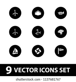 Wind icon. collection of 9 wind filled icons such as mill, fan, sailboat, harmonica. editable wind icons for web and mobile.