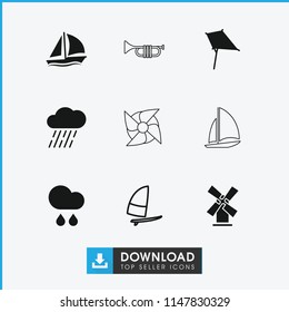 Wind icon. collection of 9 wind filled and outline icons such as kite, rain, sailboat, windsurfing, mill, fan. editable wind icons for web and mobile.
