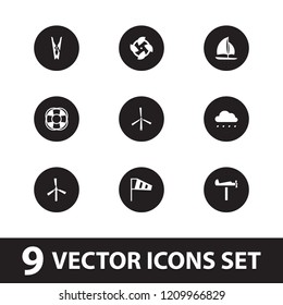 Wind icon. collection of 9 wind filled icons such as mill, fan, sailboat, rain, weather vane. editable wind icons for web and mobile.