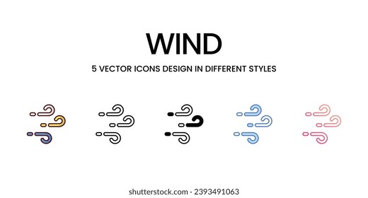 Diseño de iconos eólicos en estilo Cinco con Stroke editable. Línea, Sólido, Línea plana, Color de tono Duo y Línea de degradado de color. Adecuado para diseño de páginas Web, aplicaciones móviles, UI, UX y GUI.