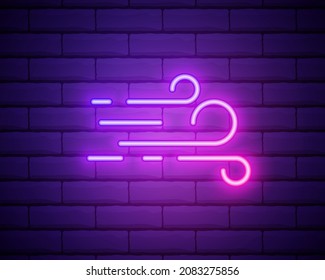 Wind icon glow neon style, concept weather condition outline flat vector illustration, isolated on black. Brick background, web climate label stuff
