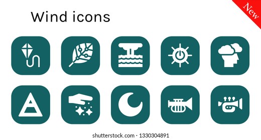 wind icon set. 10 filled wind icons.  Simple modern icons about  - Kite, Renewable energy, Eruption, Solar energy, Storm, Air, Dust, Night, Trumpet