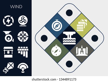 wind icon set. 13 filled wind icons.  Simple modern icons about  - Eruption, Kite, Fan, Water well, Flute, French horn, Compass, Energy, Fabric