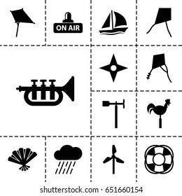 Wind icon. set of 13 filled windicons such as kite, rain, weather vane, fan, open air, trumpet, sailboat, compass, mill