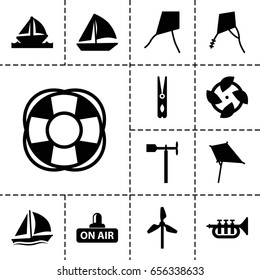 Wind icon. set of 13 filled windicons such as kite, cloth pin, sailboat, weather vane, fan, open air, trumpet, boat, mill