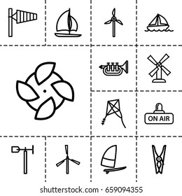 Wind icon. set of 13 outline windicons such as wind cone, mill, cloth pin, weather vane, open air, trumpet, boat, kite, sailboat, windsurfing
