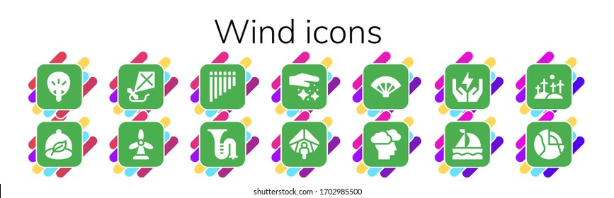 Wind-Symbol-Set. 14 gefüllte Windsymbole.  Einfache, moderne Symbole wie: Fan, Ökologie, Kite, Windmühle, Flute, Trombone, Staub, Gleitschirmfliegen, Sturm, Energiesparen, Segelboot, Geothermie