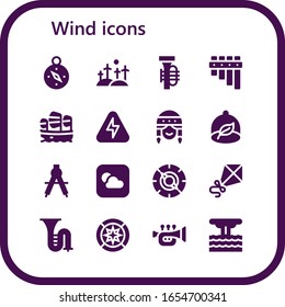 wind icon set. 16 filled wind icons.  Simple modern icons such as: Compass, Windmill, Tuba, Flute, Sailboat, Energy, Fan, Ecologism, Weather, Kite, Trombone, Wind rose, Trumpet