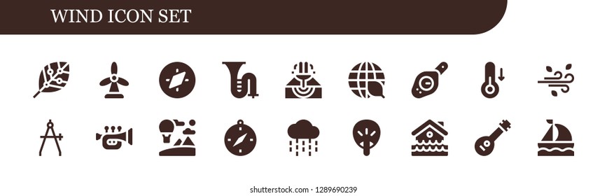  wind icon set. 18 filled wind icons. Simple modern icons about  - Renewable energy, Windmill, Compass, Trombone, Eruption, Ecology, Temperature, Wind, Trumpet, Sky, Rain, Fan