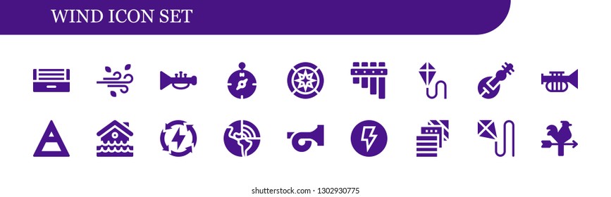  wind icon set. 18 filled wind icons.  Simple modern icons about  - Ultraviolet, Wind, Trumpet, Compass, rose, Flute, Kite, Veena, Air, Disaster, Energy, Geothermal, French horn