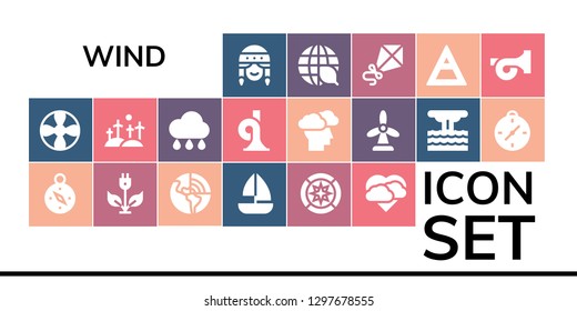  wind icon set. 19 filled wind icons. Simple modern icons about  - Fan, Propeller, Compass, Green energy, Geothermal, Sailboat, Wind rose, Storm, Windmill, Rain, French horn, Eruption
