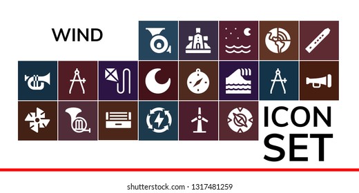 wind icon set. 19 filled wind icons.  Collection Of - French horn, Trumpet, Windmill, Ultraviolet, Energy, Compass, Kite, Night, Tsunami, Geothermal, Flute