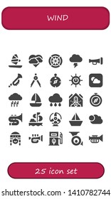 wind icon set. 25 filled wind icons.  Collection Of - Windsurf, Storm, Wind rose, Trumpet, Compass, Solar energy, Weather, Sailboat, Rain, Falling debris, Trombone, Sailing, Windmill