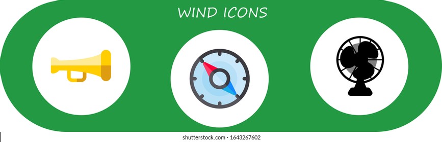 wind icon set. 3 flat wind icons.  Simple modern icons such as: trumpet, compass, fan