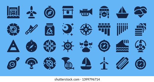 wind icon set. 32 filled wind icons. on blue background style Collection Of - Hydro power, Compass, Air, Windmill, Trombone, Fan, Coal, Water well, Night, Solar energy, French horn