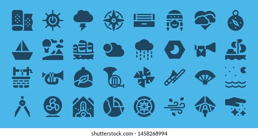 wind icon set. 32 filled wind icons. on blue background style Simple modern icons about  - Fabric, Sailboat, Water well, Compass, Solar energy, Sky, Trumpet, Fan, Storm, Ecologism