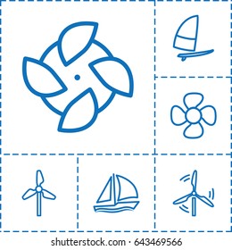 Wind icon. set of 6 wind outline icons such as fan, mill, sailboat