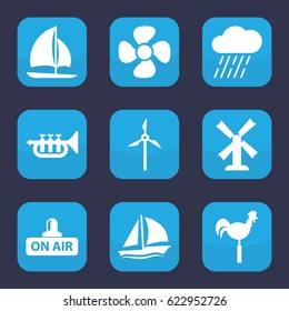 Wind icon. set of 9 filled wind icons such as mill, rain, weather vane, fan, open air, trumpet